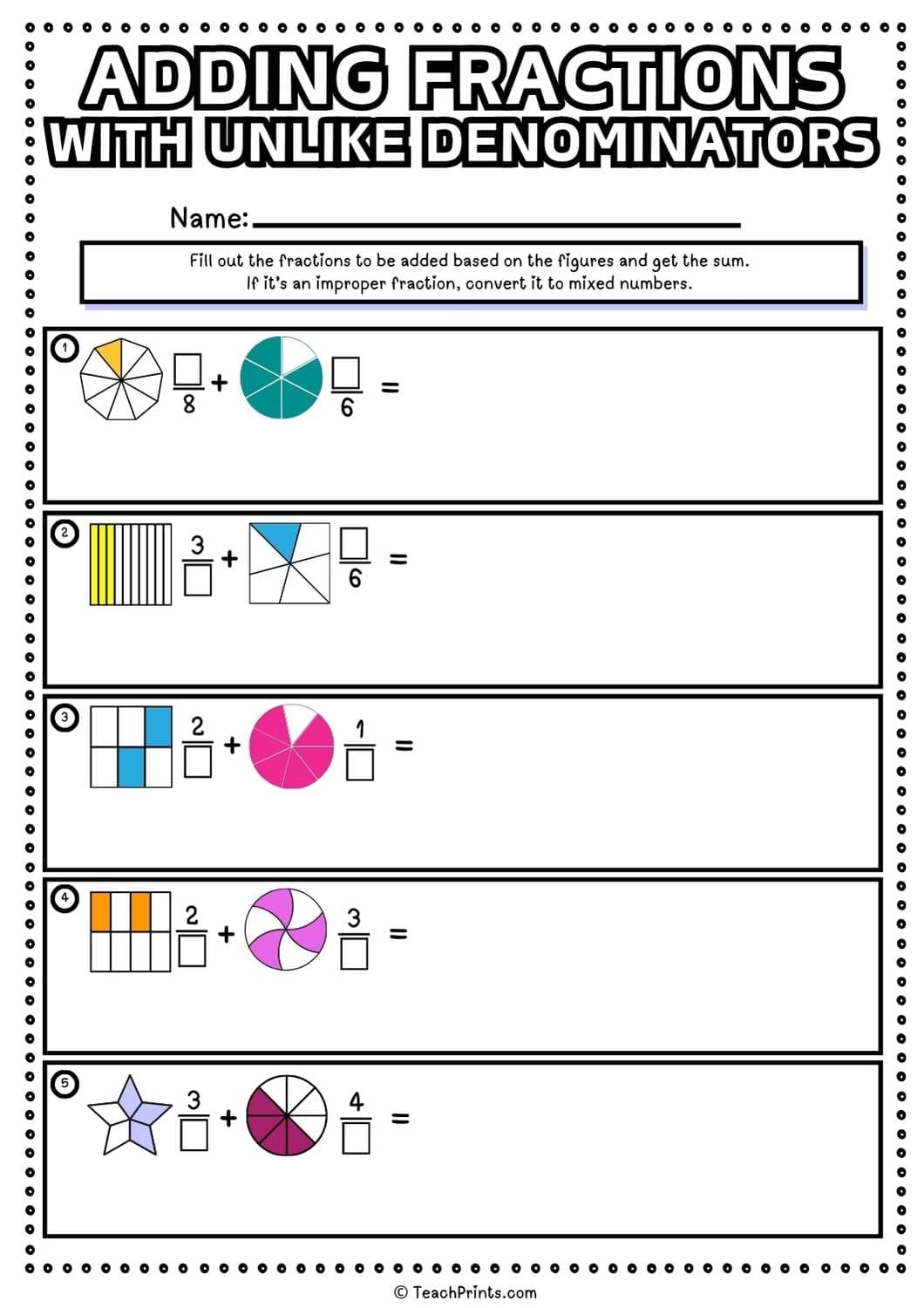 Free Adding Fractions With Unlike Denominators Worksheets Teach Prints