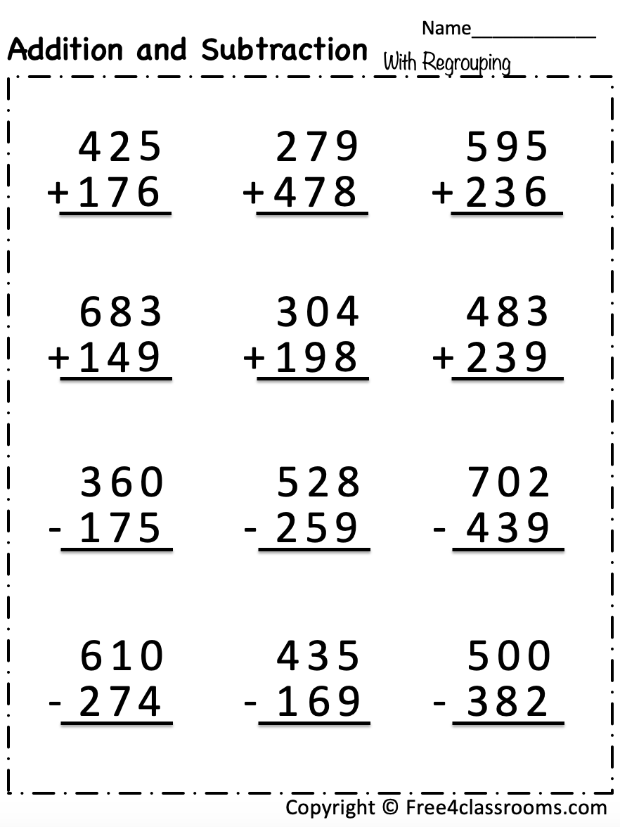 Free Addition And Subtraction Worksheet 3 Digit Numbers With Regrouping Free Worksheets Free4Classrooms