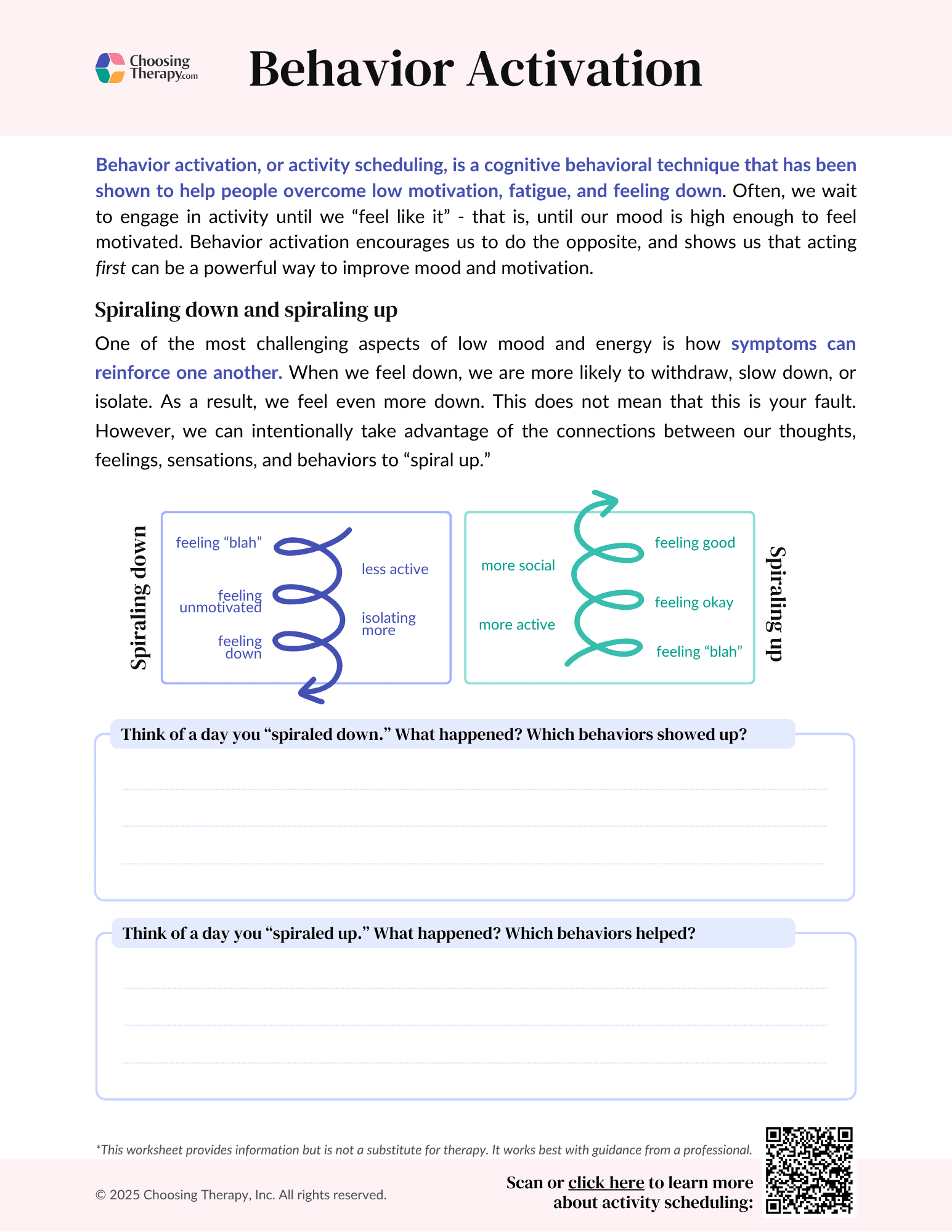 Free Behavioral Activation Worksheet Printable PDF ChoosingTherapy