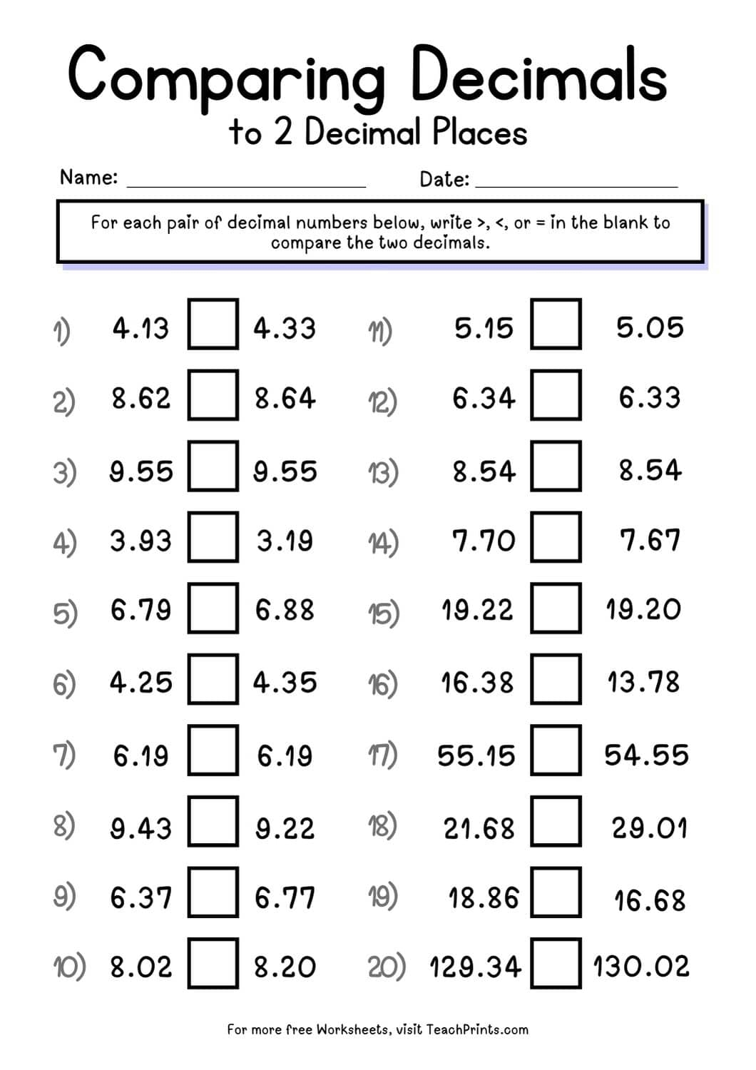 comparing decimals worksheet comparing decimals worksheet