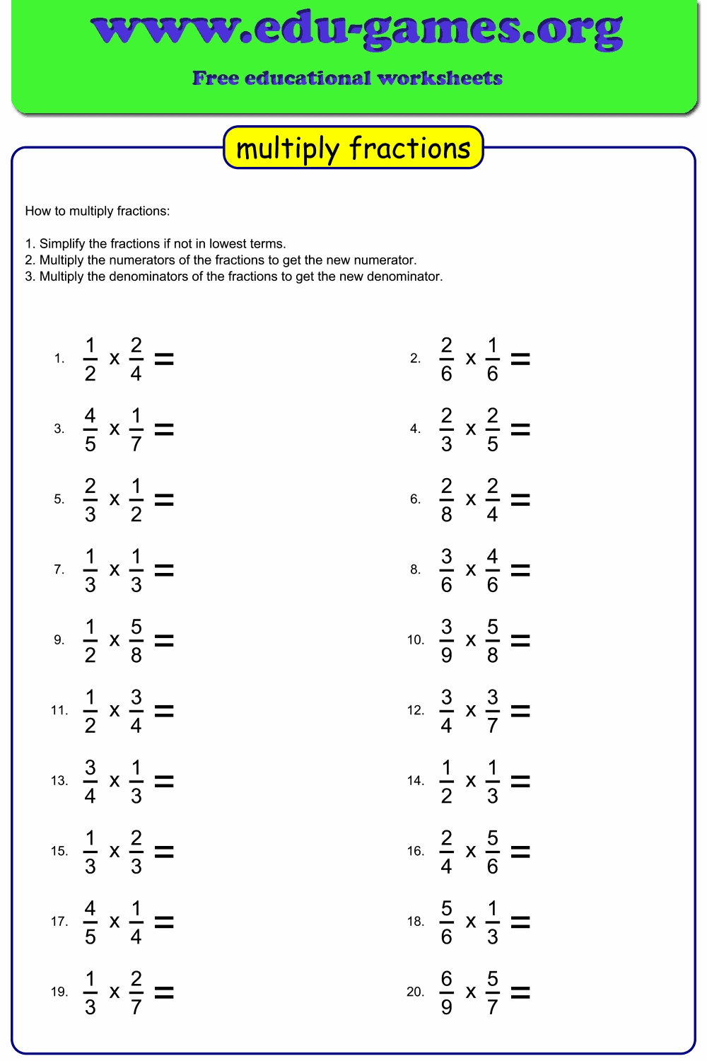 fraction multiplication worksheet