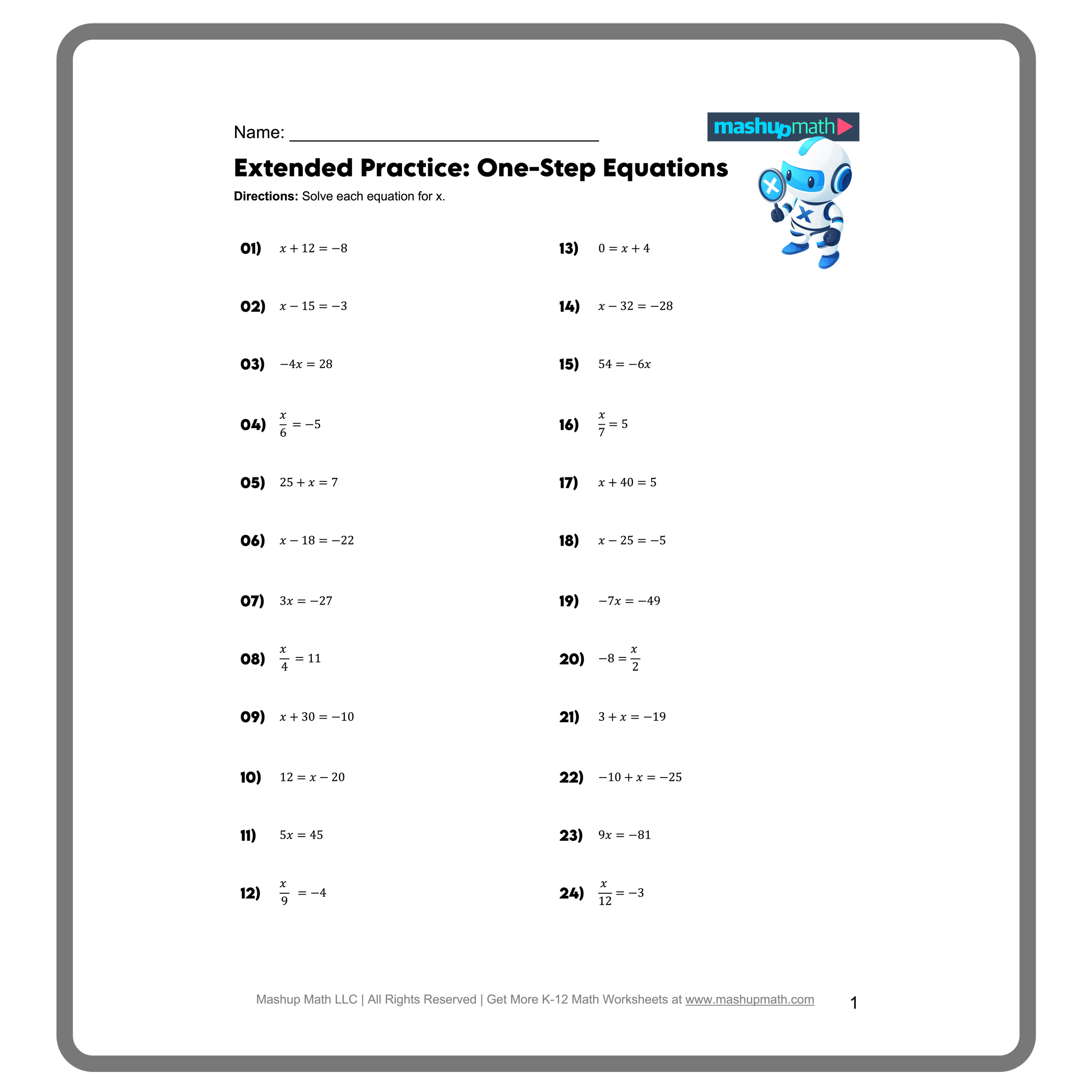 Free One Step Equations Worksheets Mashup Math