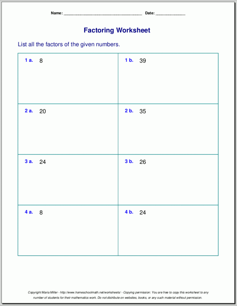 Free Worksheets For Prime Factorization Find Factors Of A Number