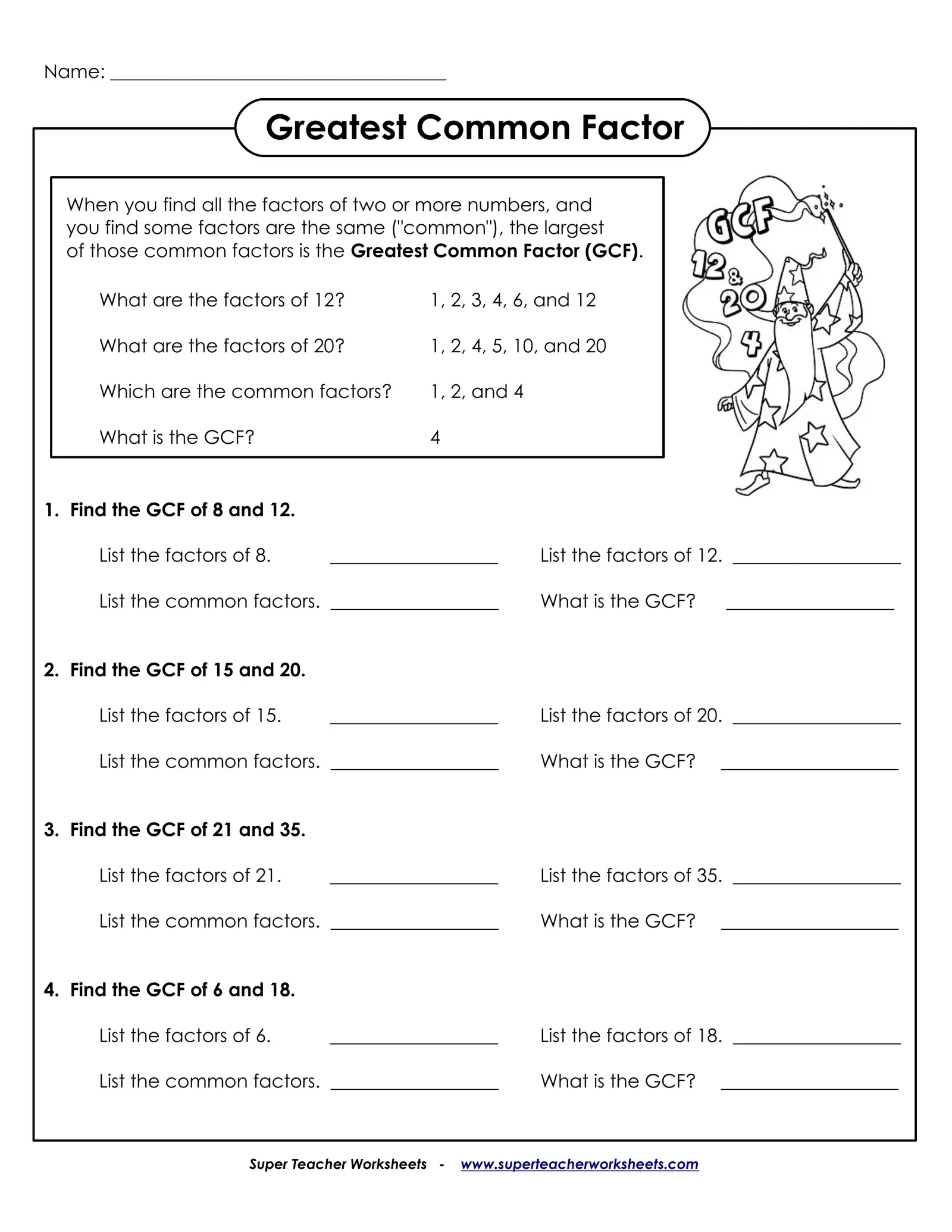 greatest common factor worksheets