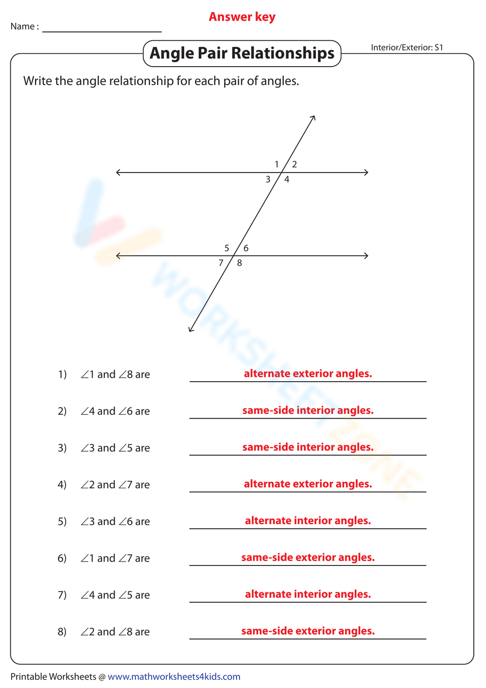 Grade 7 Angle Pair Relationships Worksheets