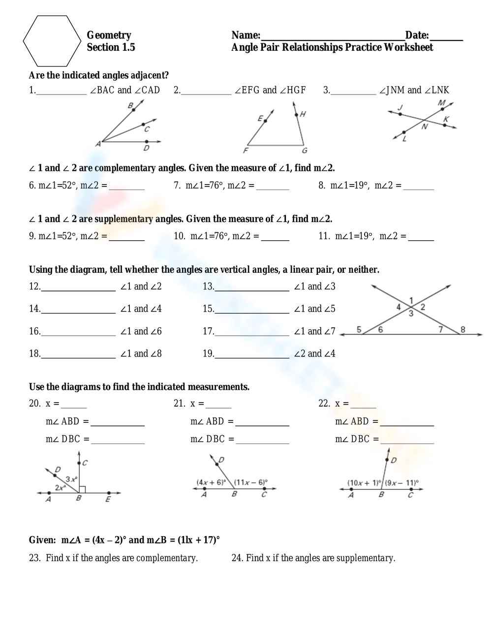 Grade 9 Angle Pair Relationships Worksheets Printable