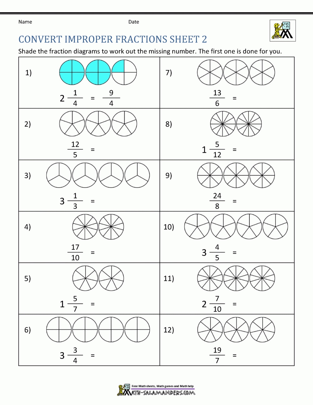 Improper Fraction Worksheets