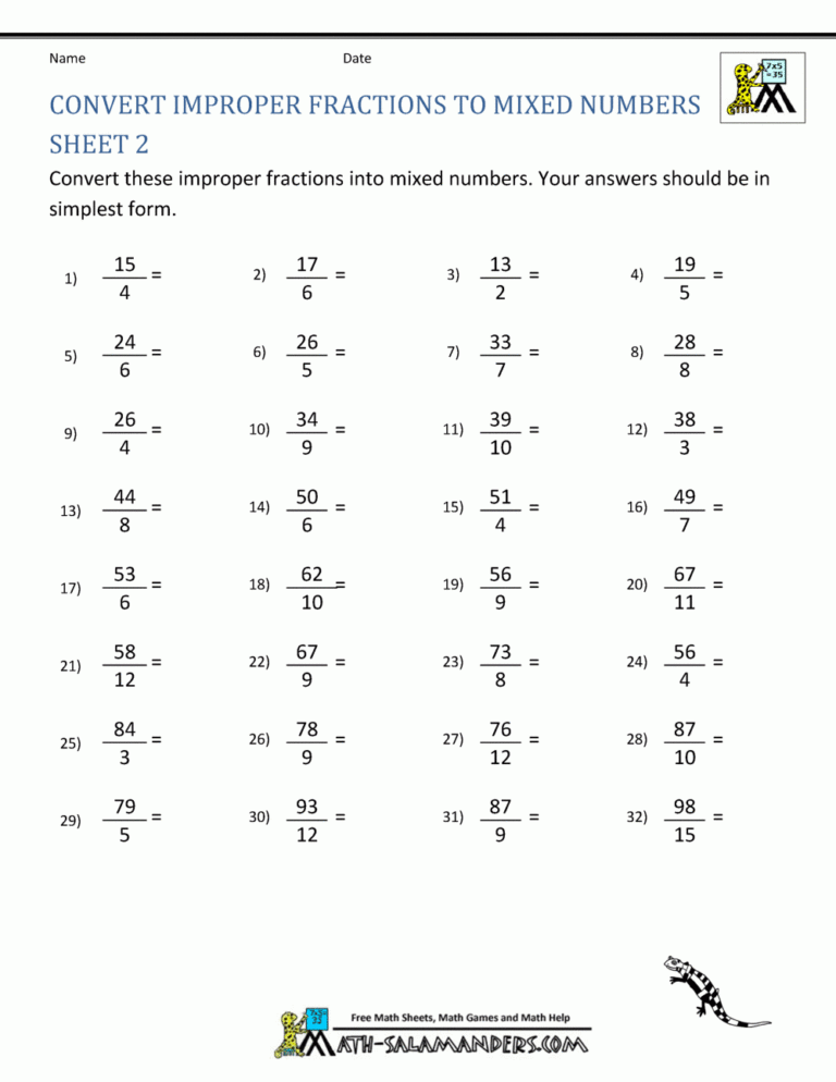 Improper Fraction Worksheets
