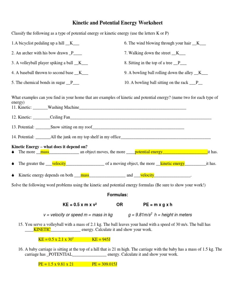 Kinetic And Potential Energy Worksheet Explained PDF Kinetic Worksheets Library