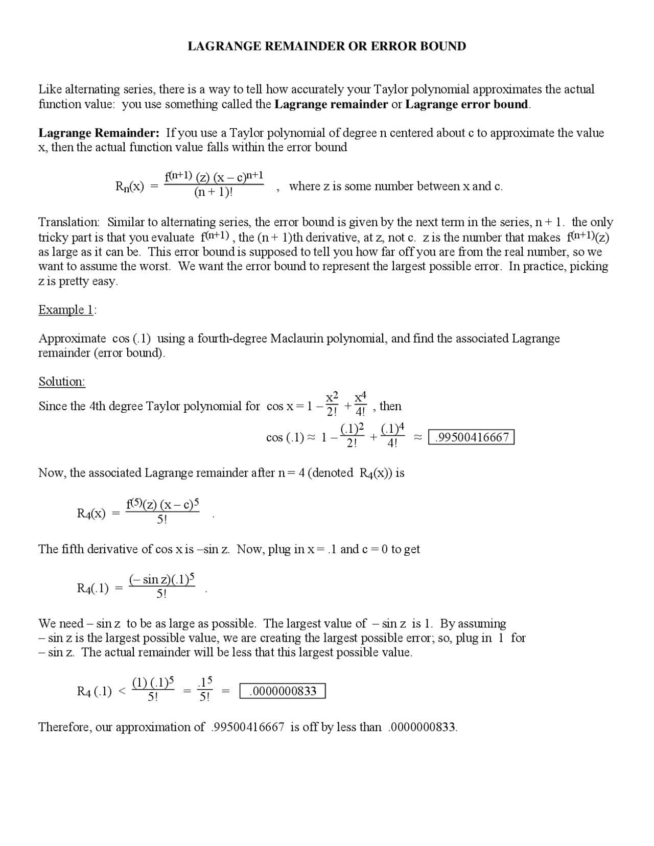 Lagrange Remainder Or Error Bound Exercises Algebra Docsity