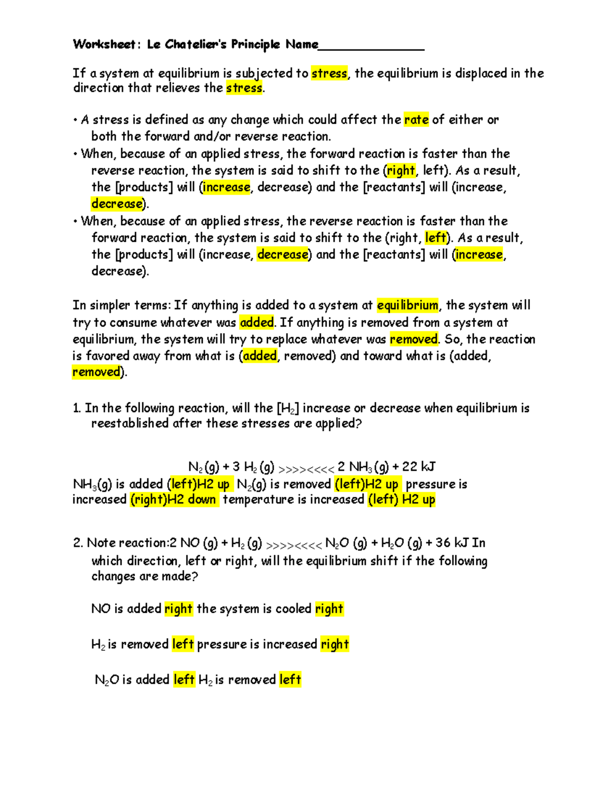 le chatelier's principle worksheet le chatelier's principle worksheet