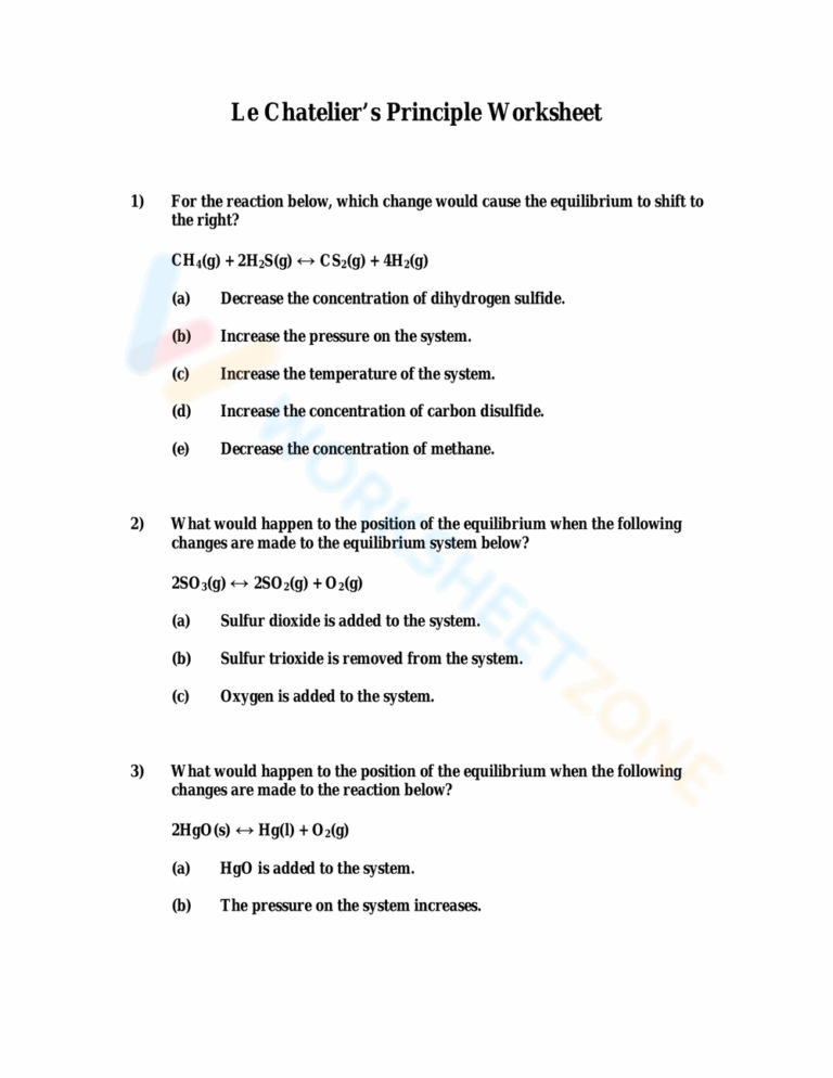 Le Chatelier s Principle Worksheets Printable