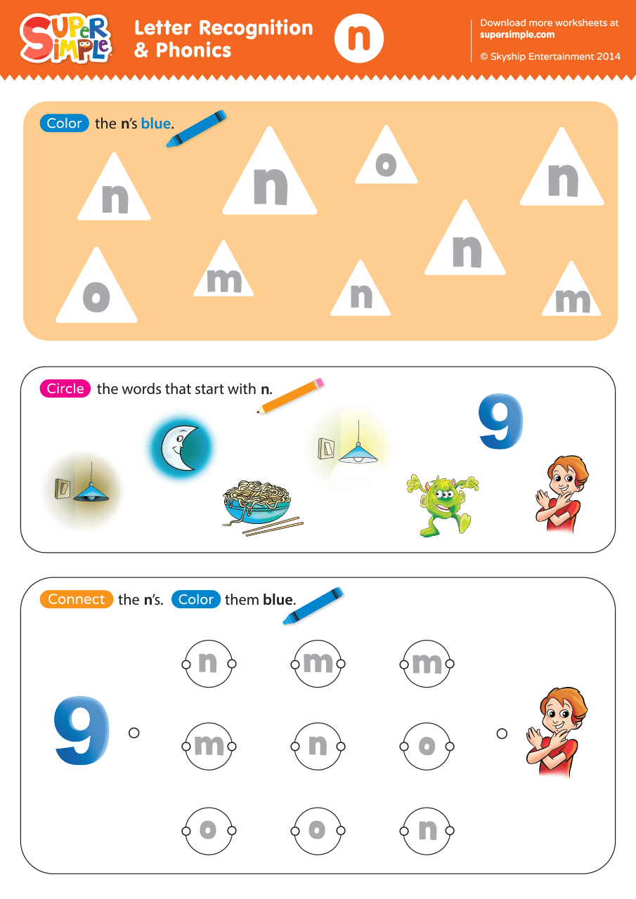 Letter Recognition Phonics Worksheet N lowercase Super Simple