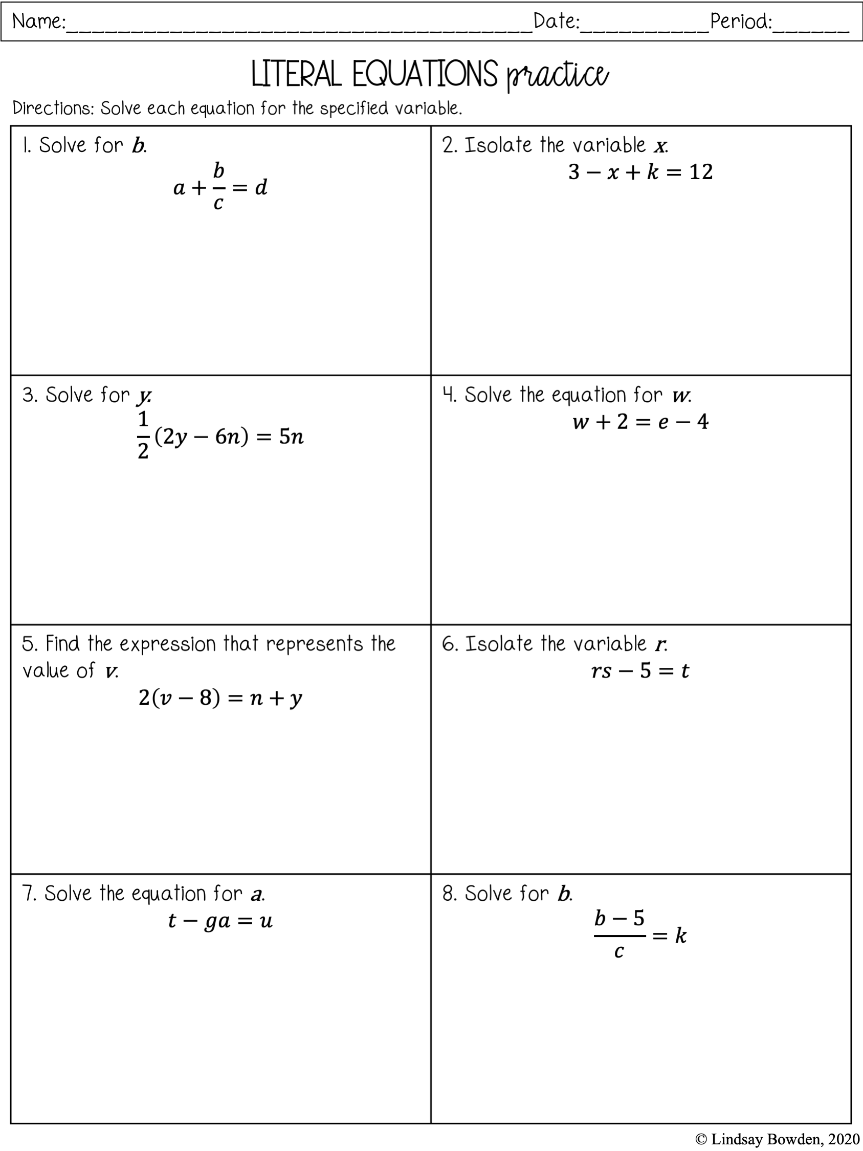 Literal Equations Notes And Worksheets Lindsay Bowden Worksheets Library