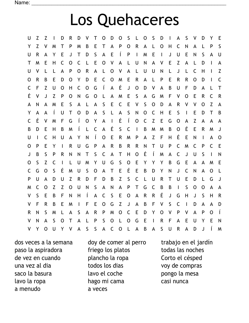 Los Quehaceres Word Search WordMint