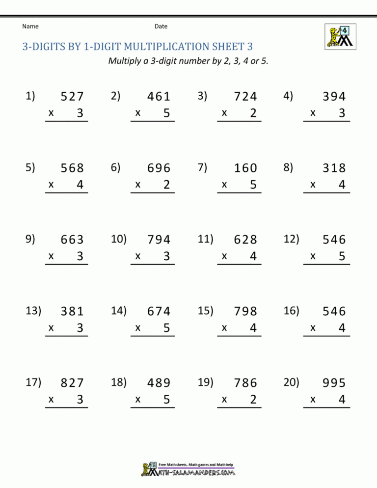 Math Multiplication Worksheets 4th Grade