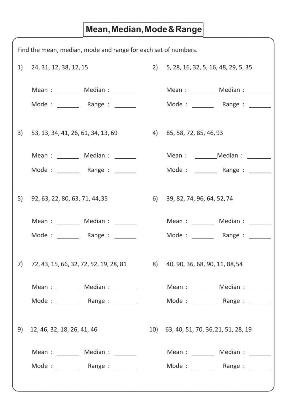 Mean Median Mode And Range Interactive Worksheet Live Worksheets Worksheets Library