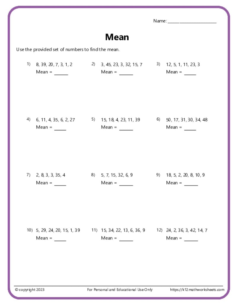 mean mode range and median worksheets