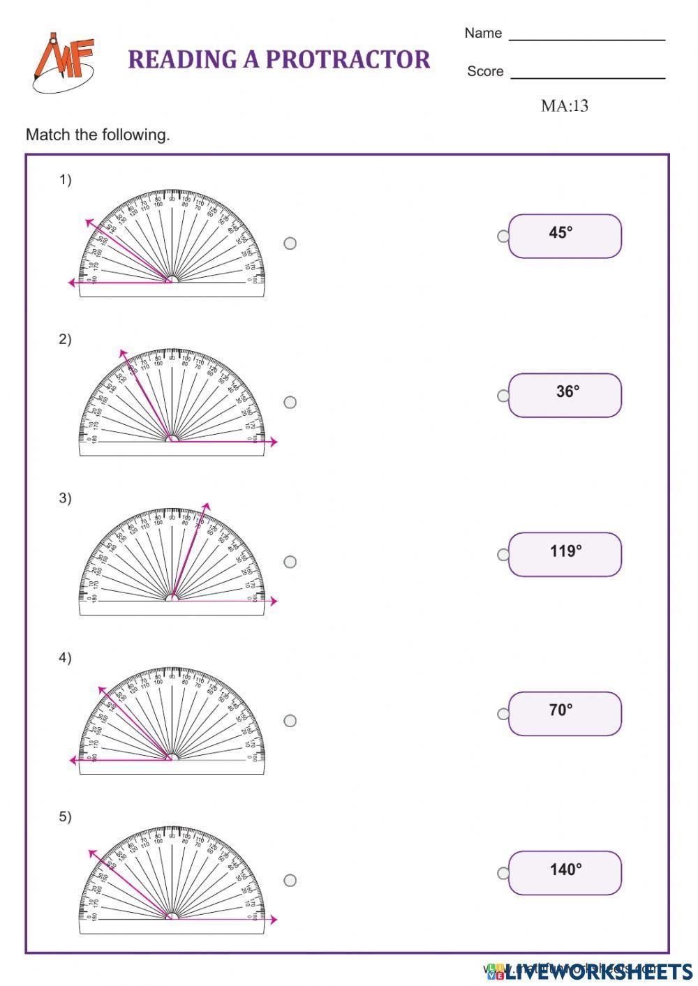 Measuring Angles Using A Protractor Interactive Worksheet Live Worksheets Library