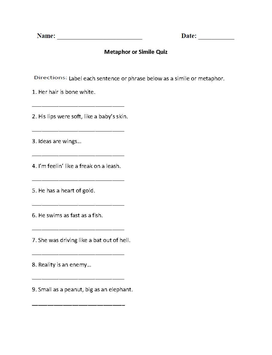 Metaphors Worksheets Metaphor Or Simile Quiz Worksheet