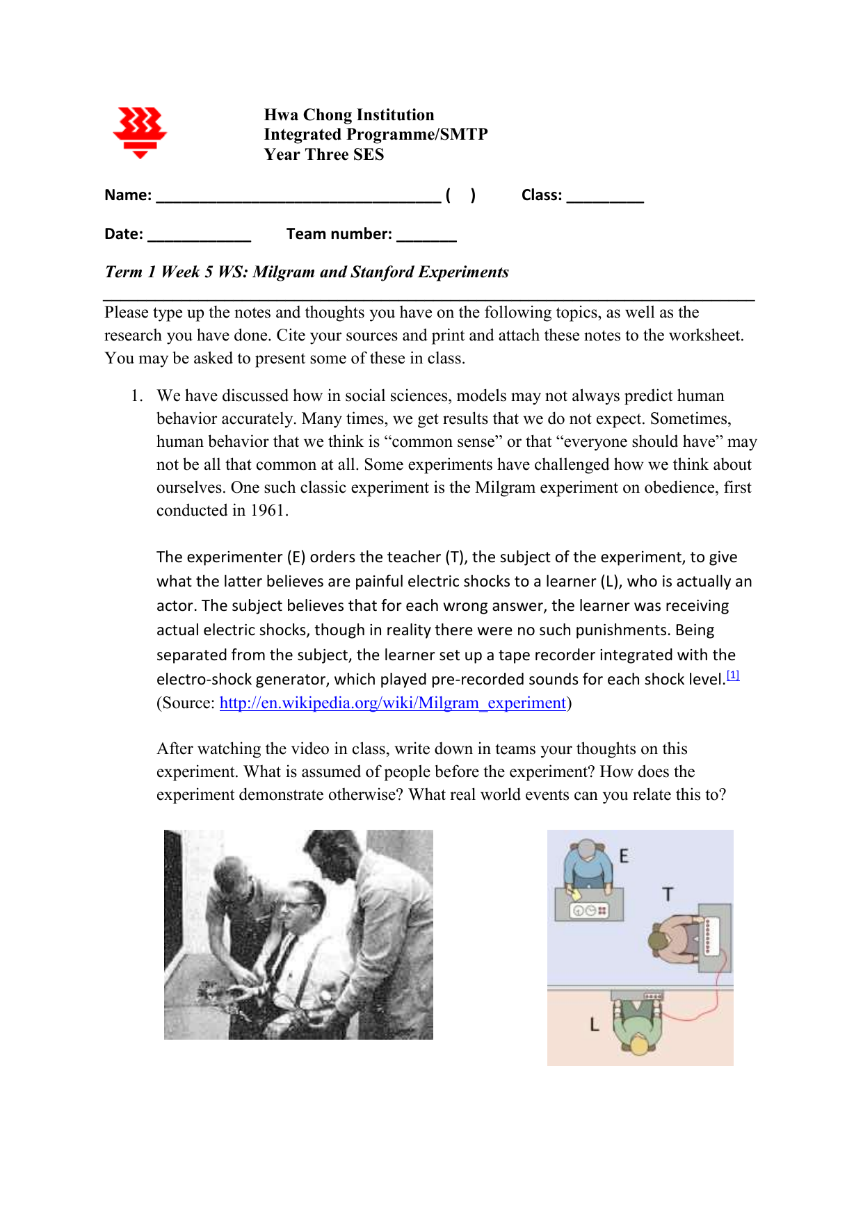 Milgram Stanford Experiments Worksheet