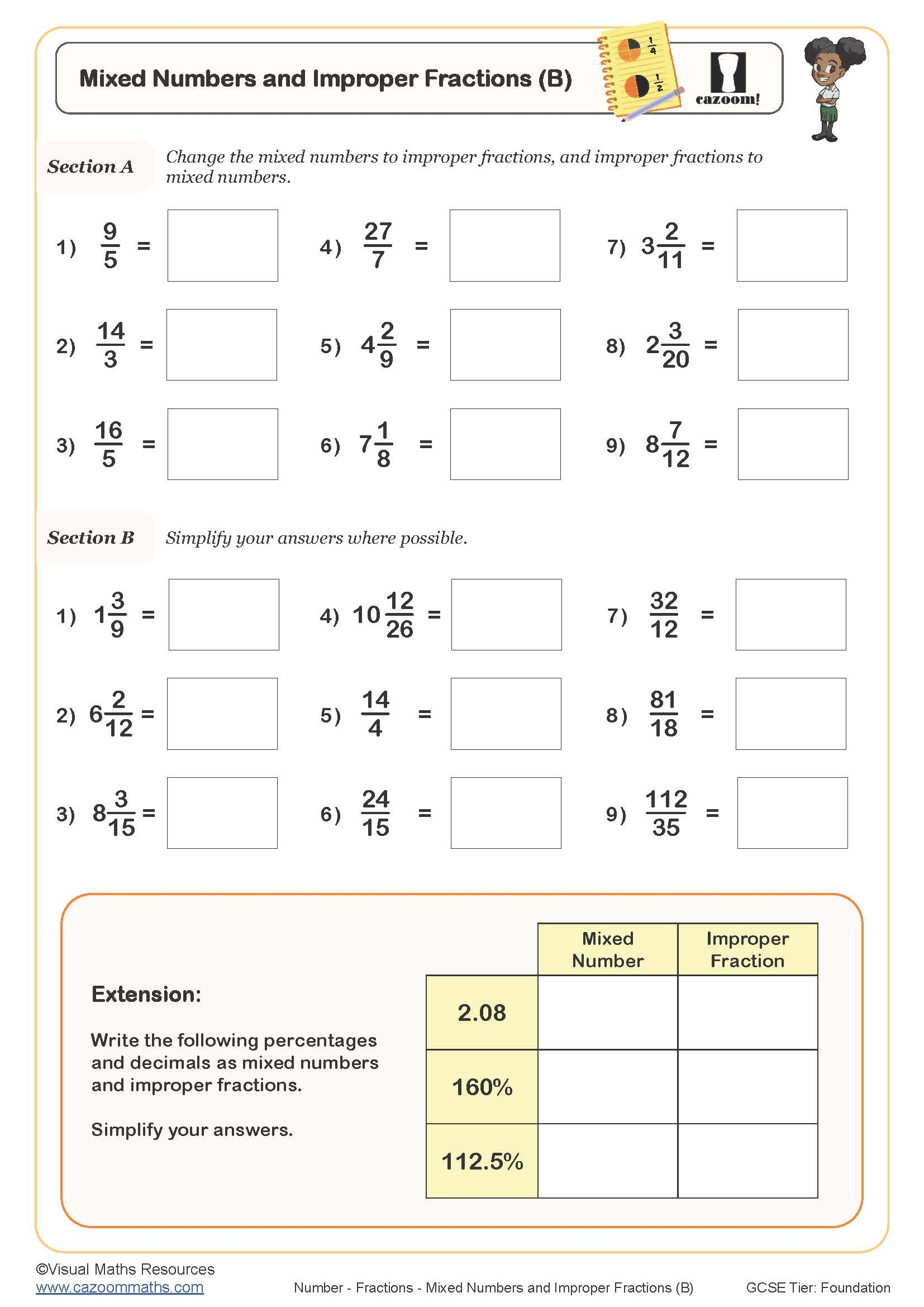 improper fraction to mixed number worksheet improper fraction to mixed number worksheet
