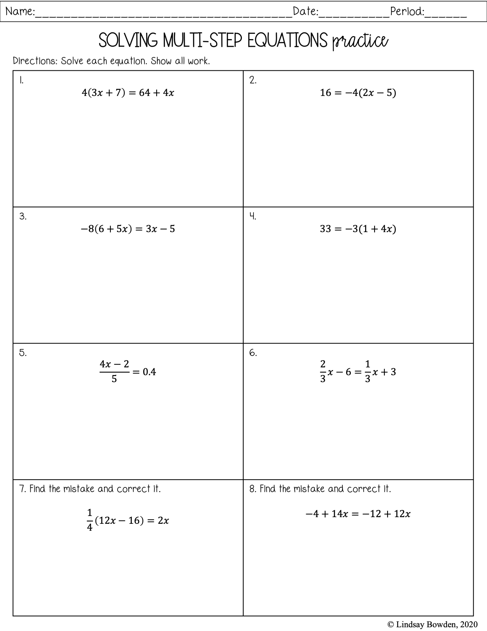 Multi Step Equation Notes And Worksheets Lindsay Bowden Worksheets Library