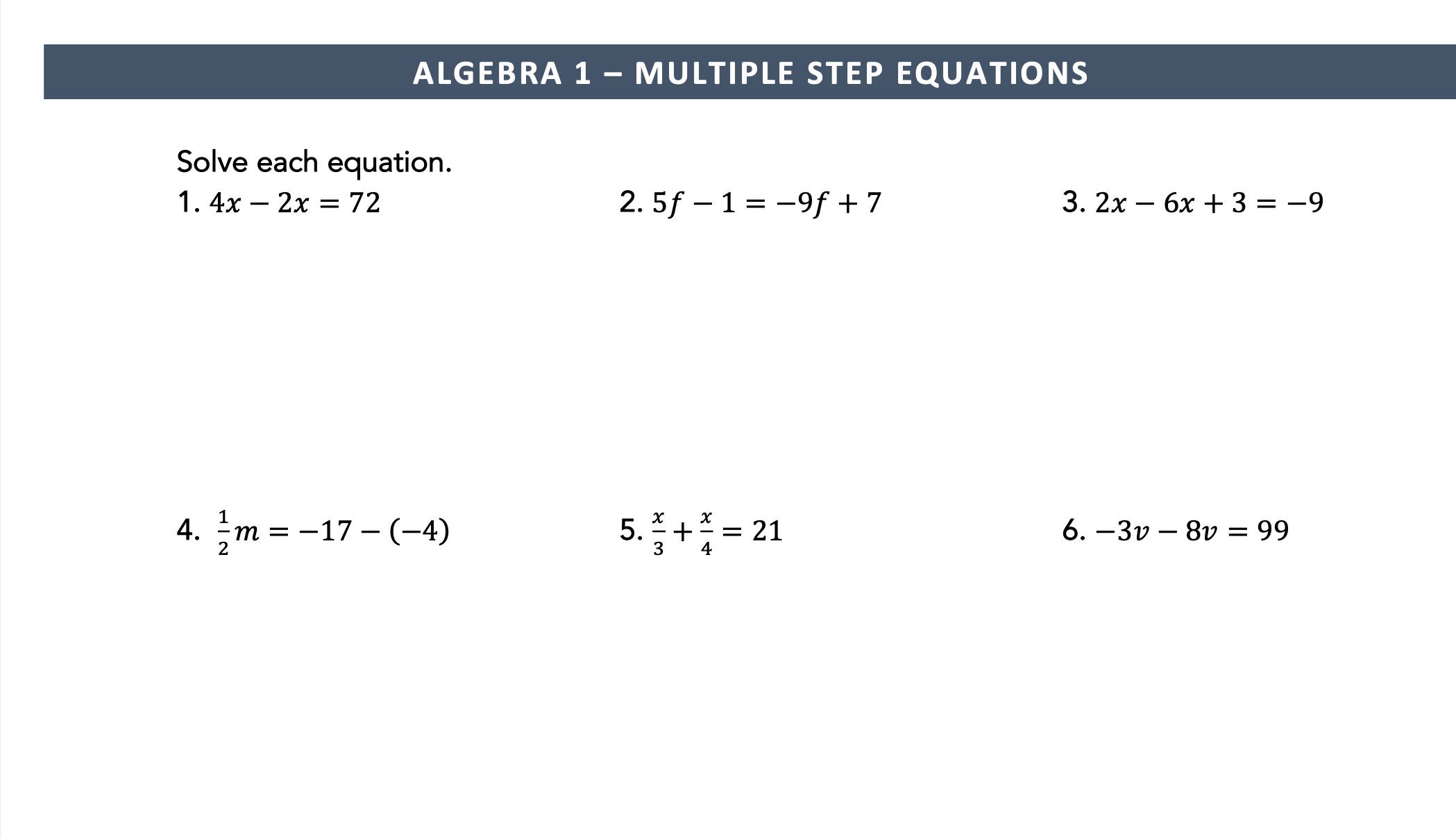 Multiple Step Equations Worksheet Algebra Middle School Math PDF Etsy