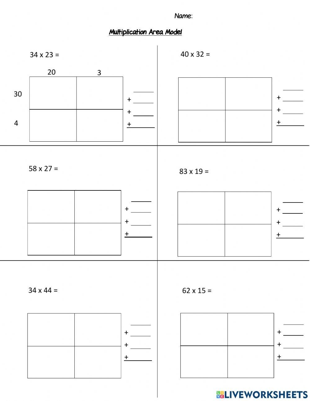 Multiplication Area Model Worksheet Live Worksheets Worksheets Library
