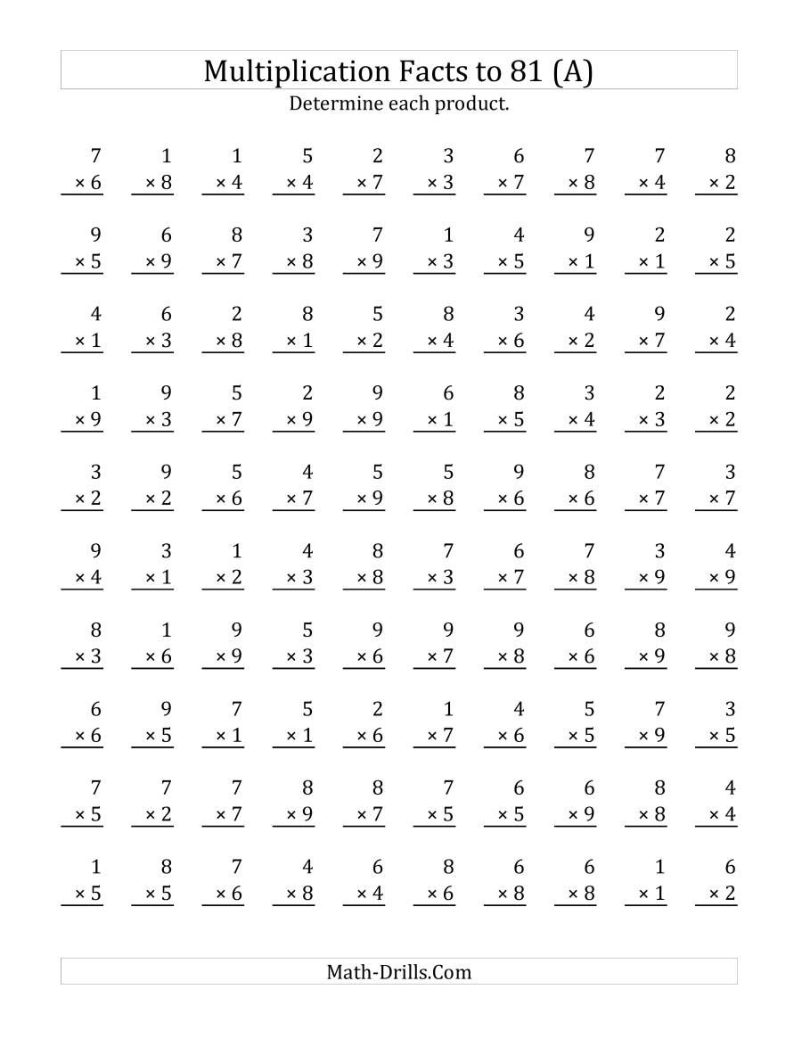Multiplication Facts To 81 100 Questions No Zeros A Worksheets Library