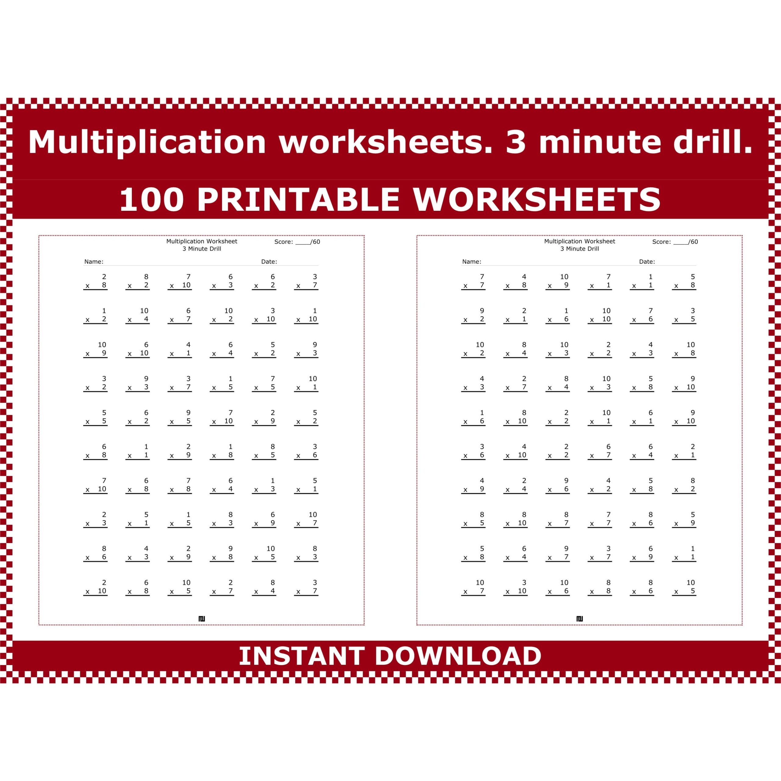 Multiplication Worksheets 3rd 4th Grade Math Drills PDF Etsy