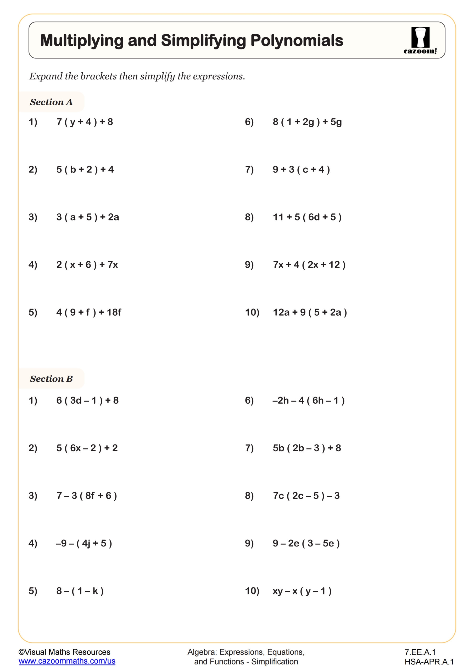 Multiplying And Simplifying Polynomials Worksheet 7th Grade PDF Worksheets Cazoom Math
