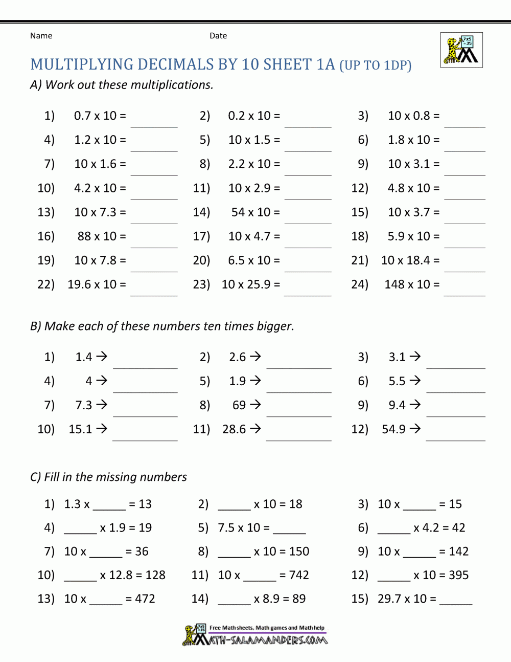 Multiplying Decimals By 10 100 Worksheets