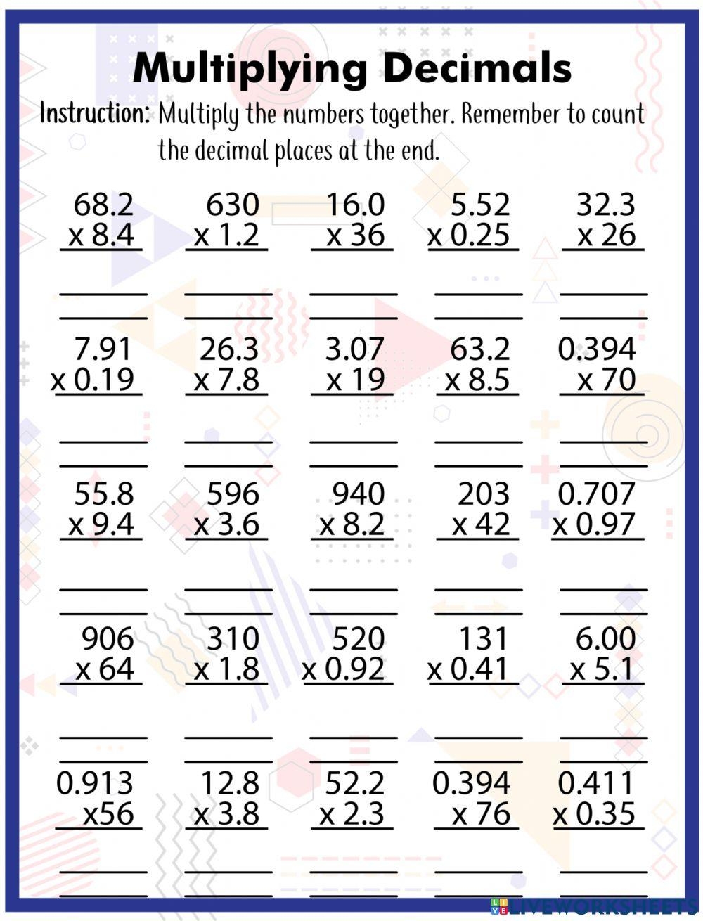 Multiplying Decimals Interactive Worksheet For 3 Live Worksheets Worksheets Library