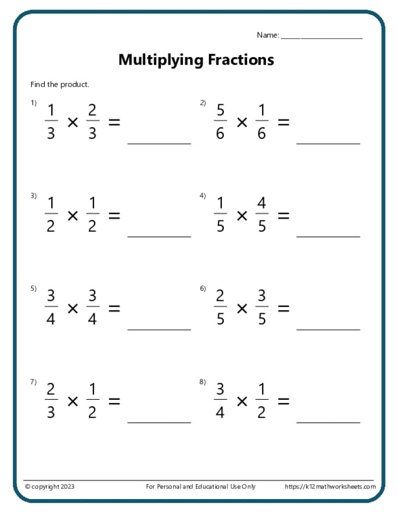 Multiplying Fractions Worksheets