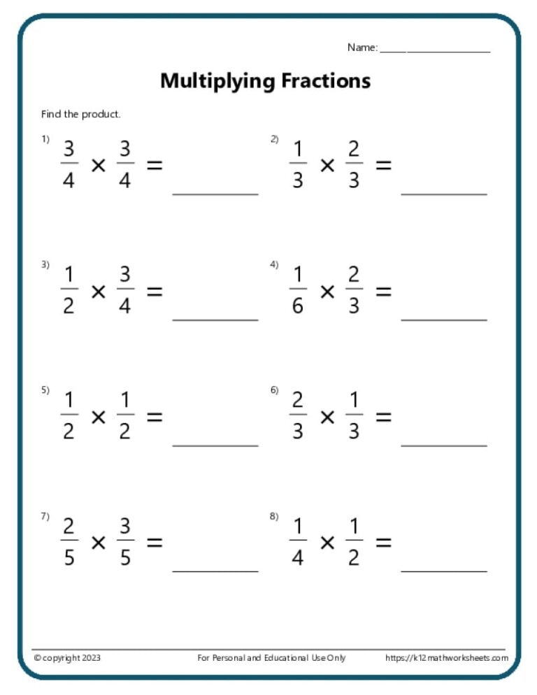 Multiplying Fractions Worksheets