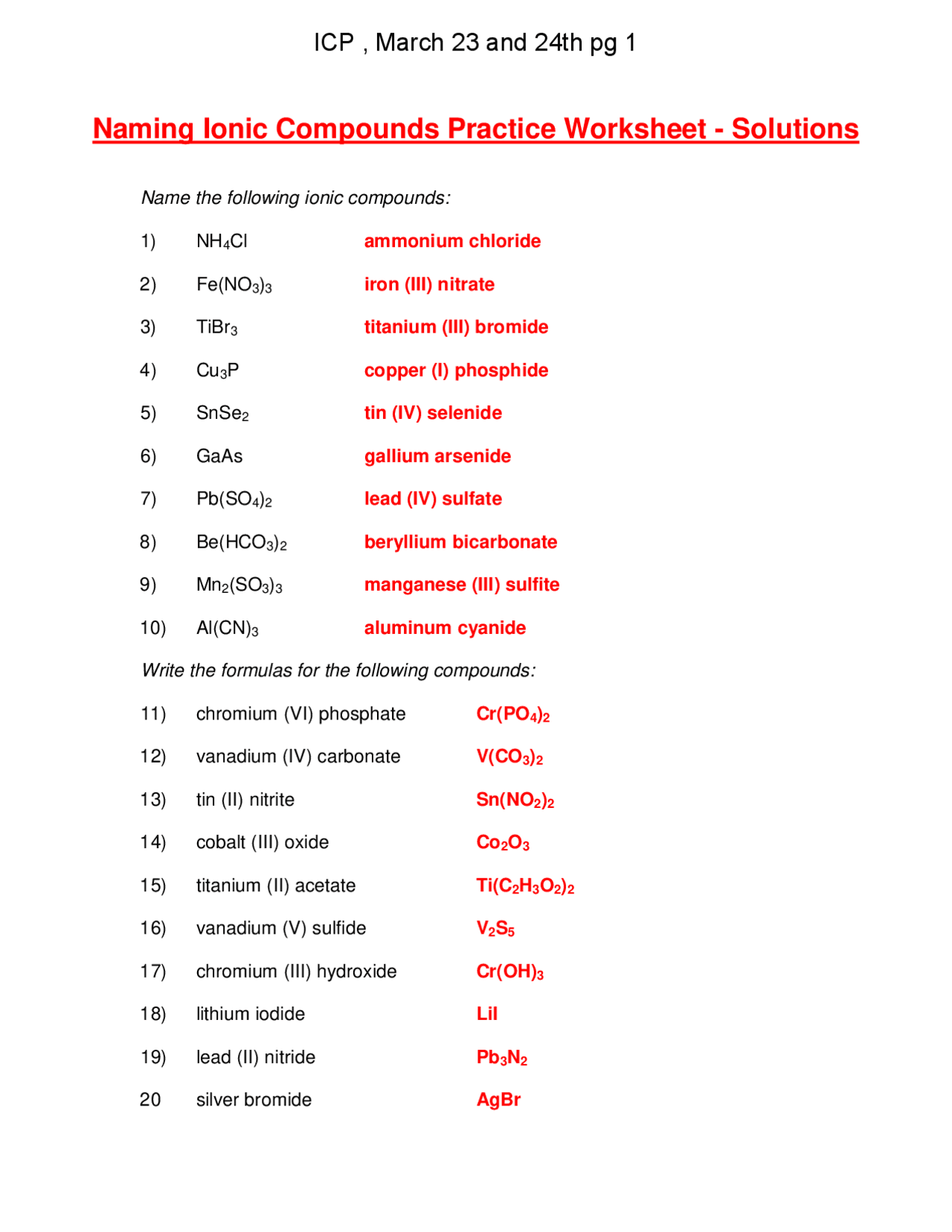 Naming Ionic Compounds Practice Worksheet Lecture Notes Worksheets Library