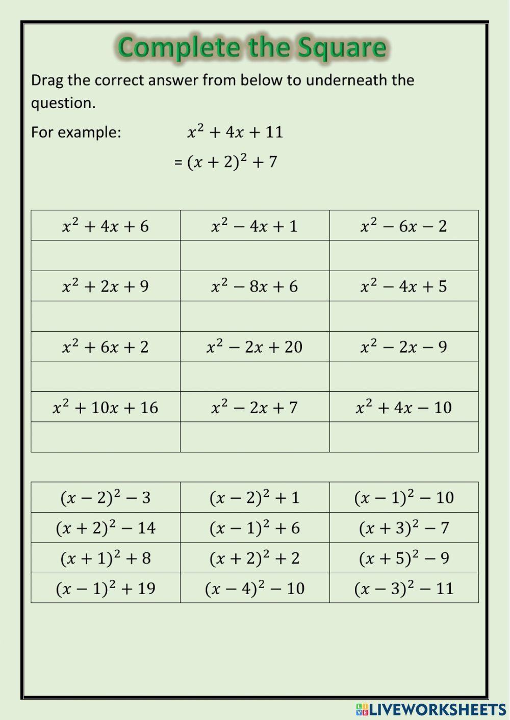 completing the square worksheet completing the square worksheet