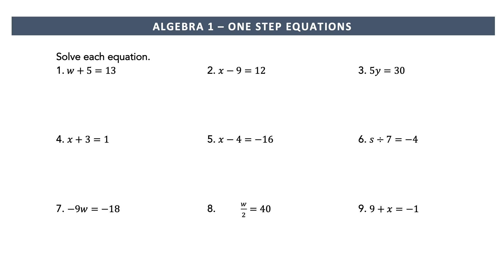 1 step equations worksheet