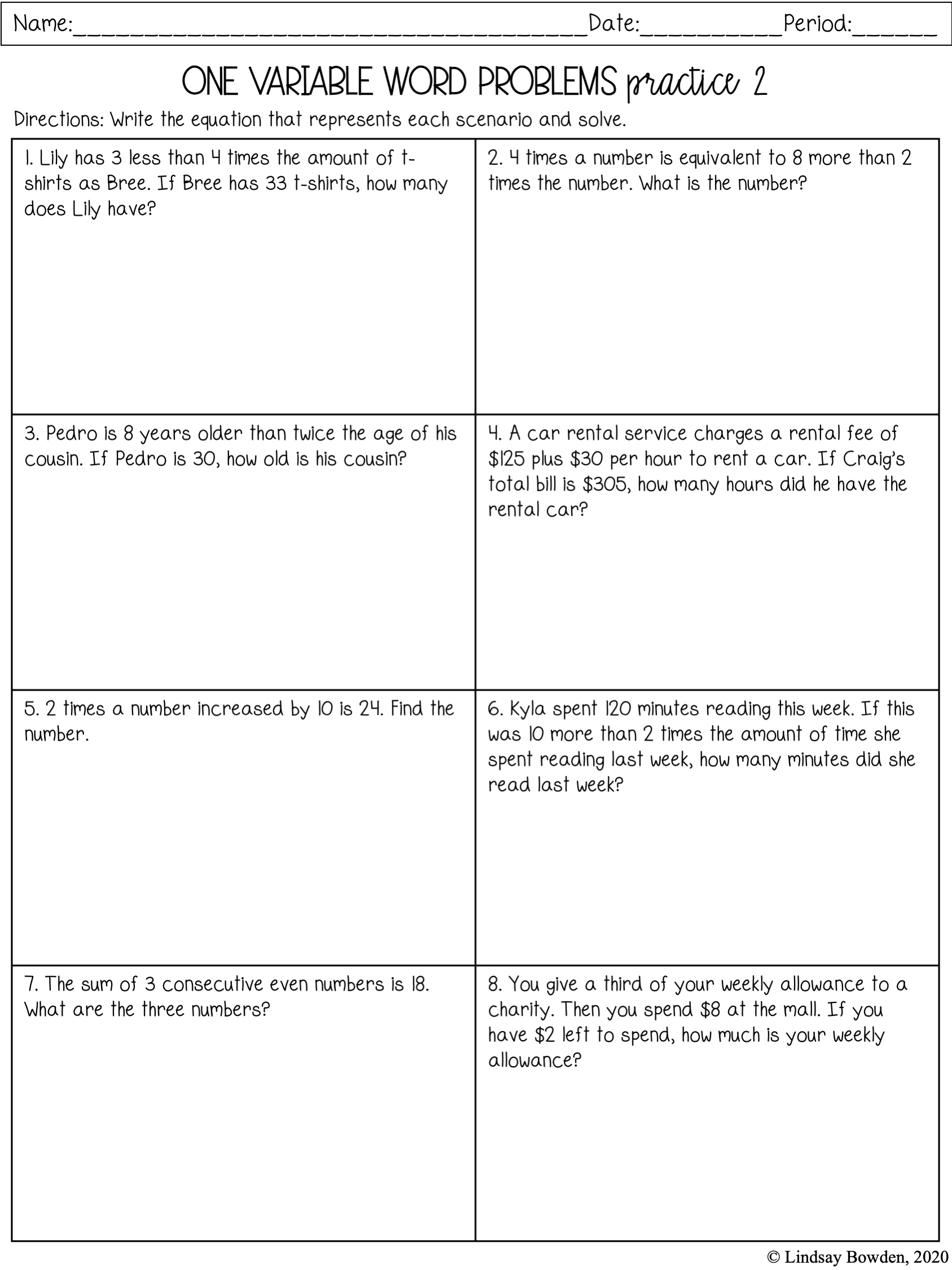 One Variable Word Problems Notes And Worksheets Lindsay Bowden Worksheets Library