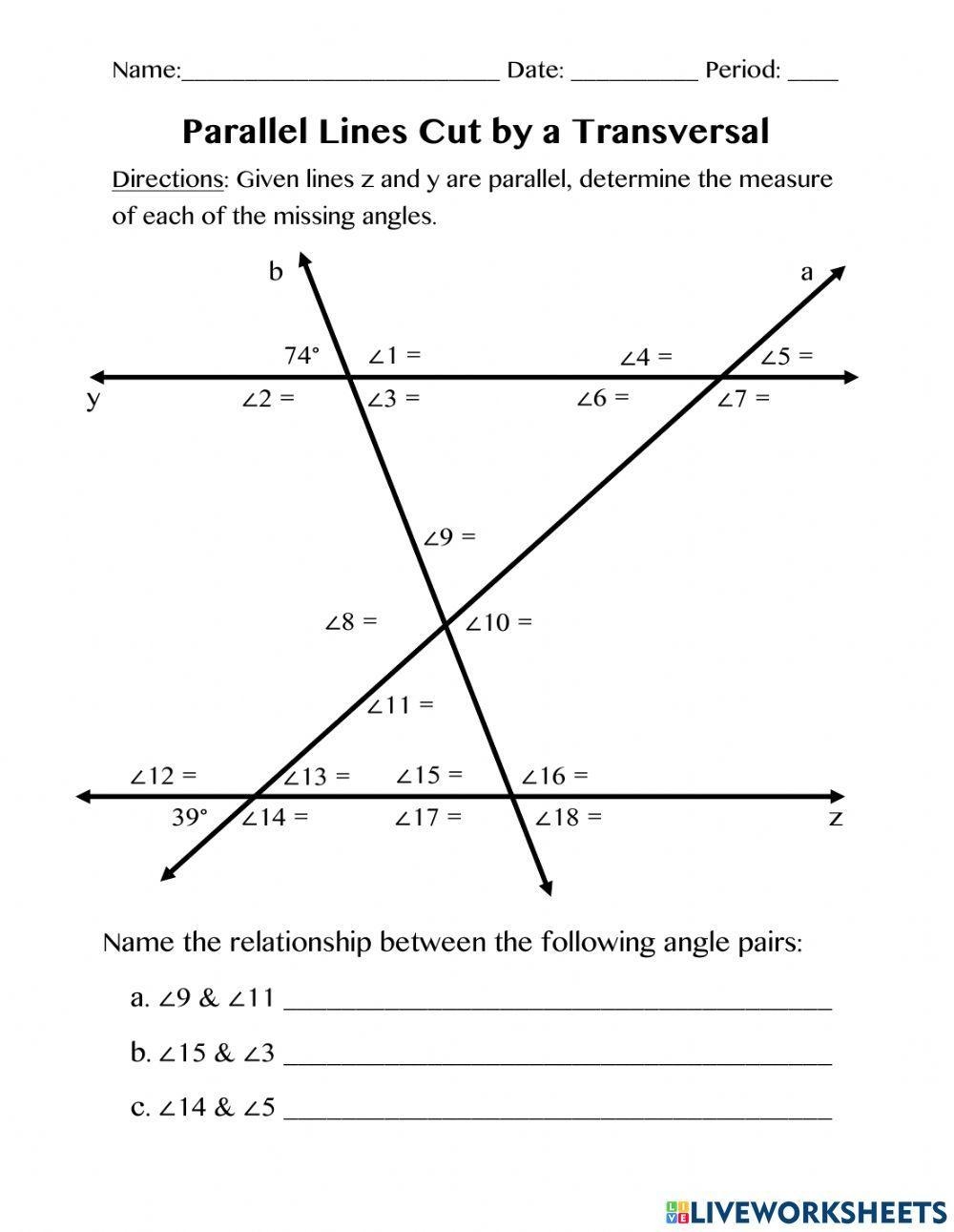 Parallel Lines Cut By A Transversal Worksheet Live Worksheets Worksheets Library