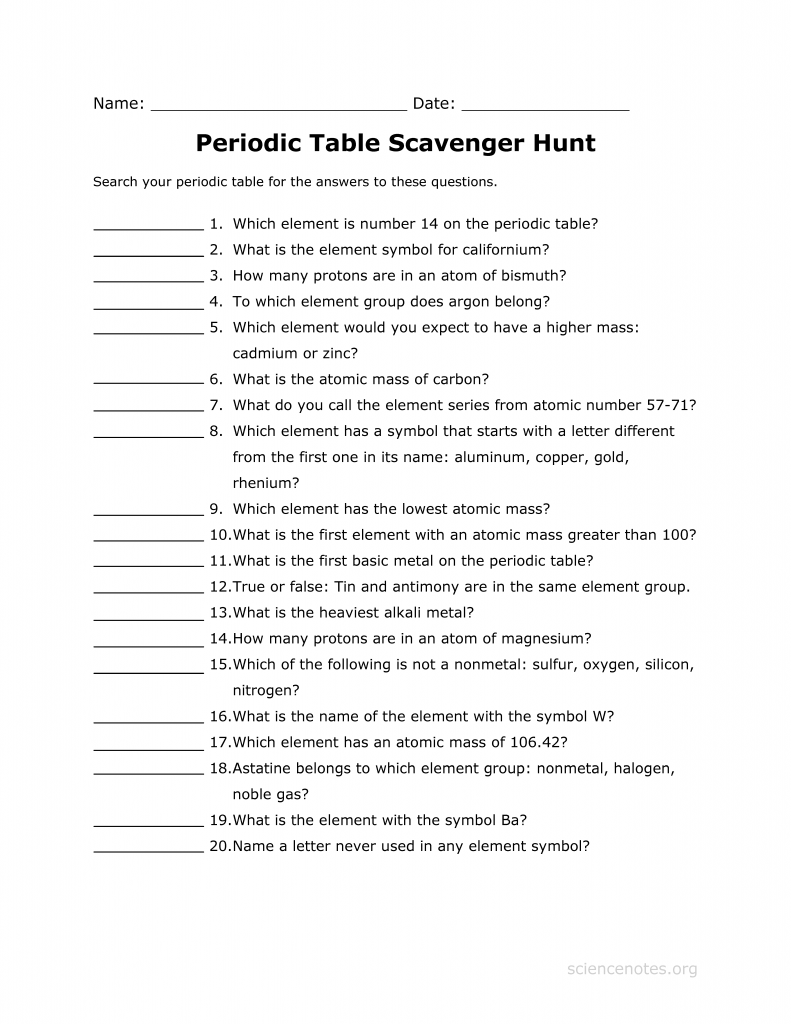 Periodic Table Scavenger Hunt Worksheet