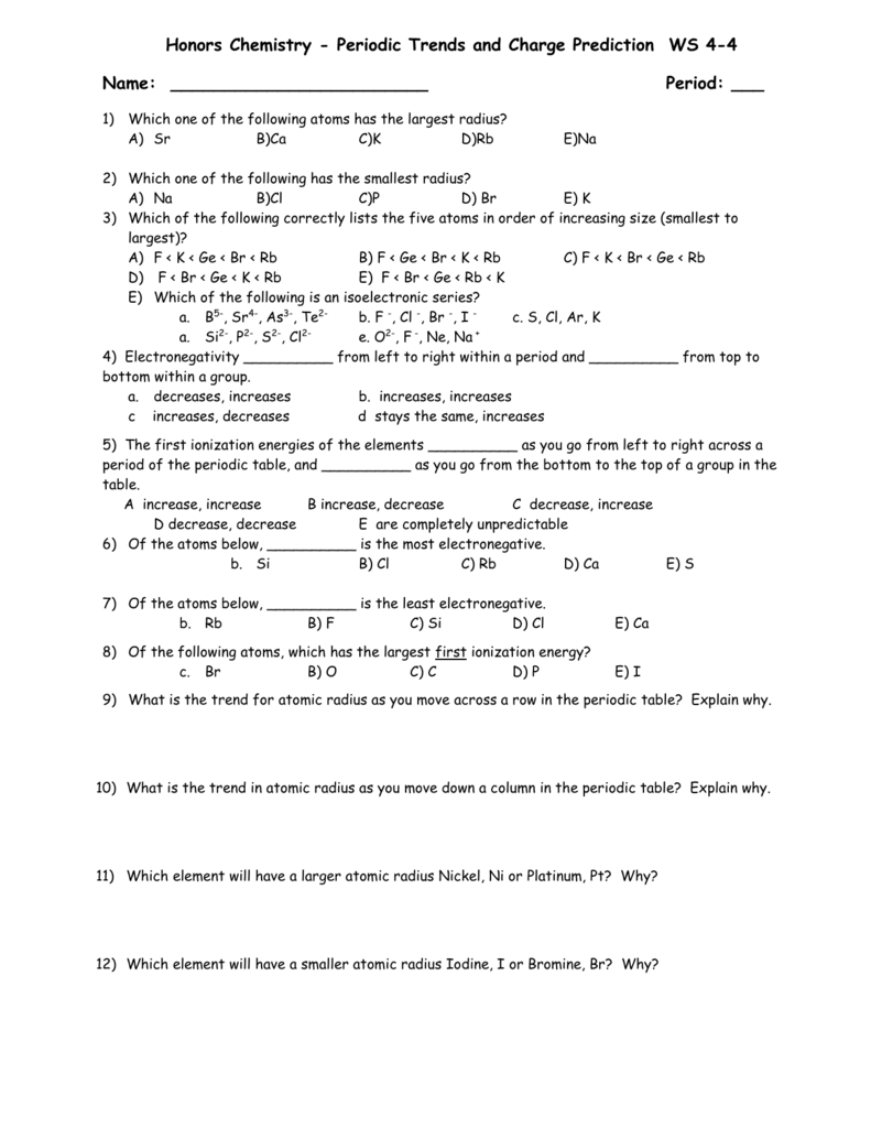 Periodic Trends Charge Prediction Worksheet