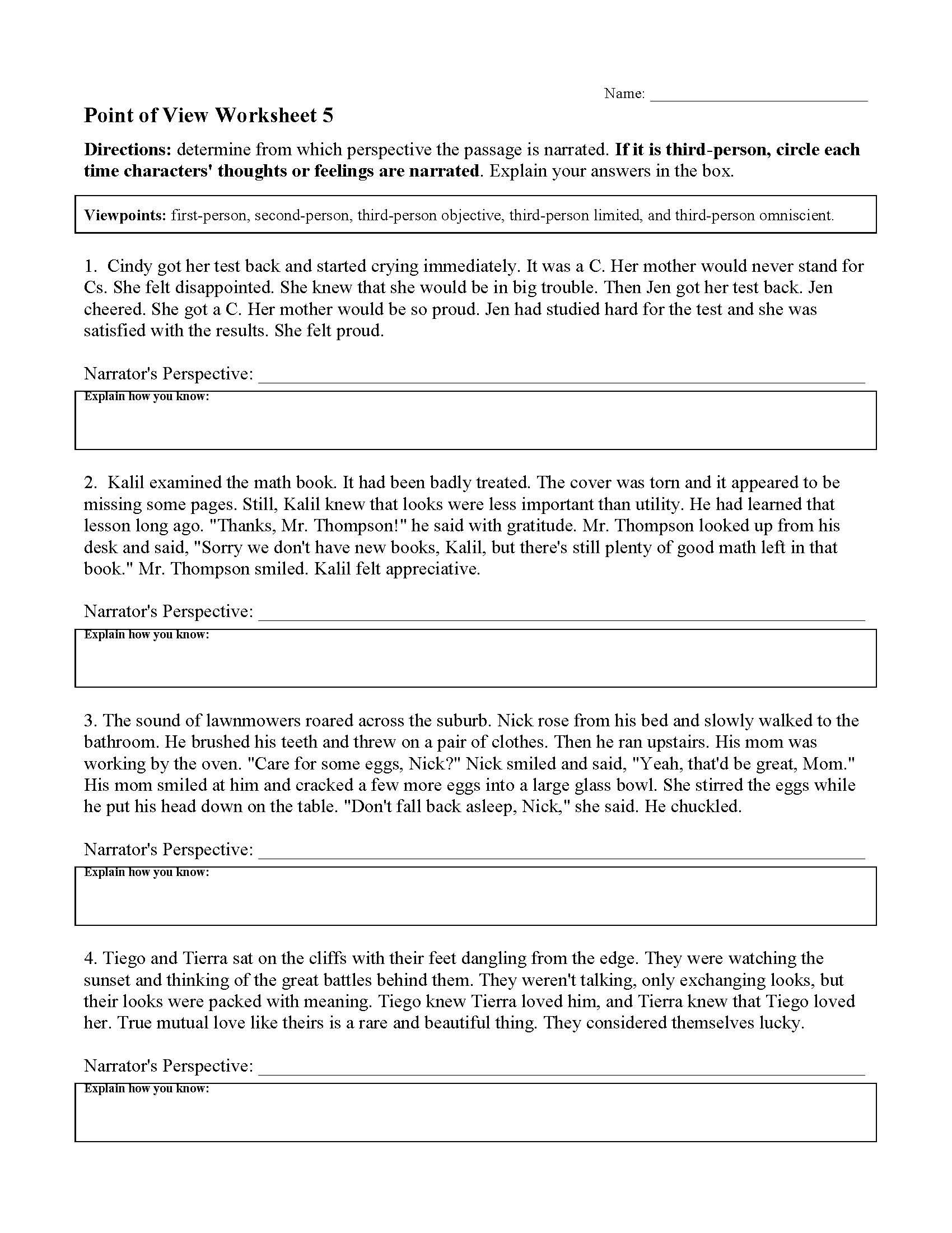 Point Of View Worksheet 5 Reading Activity