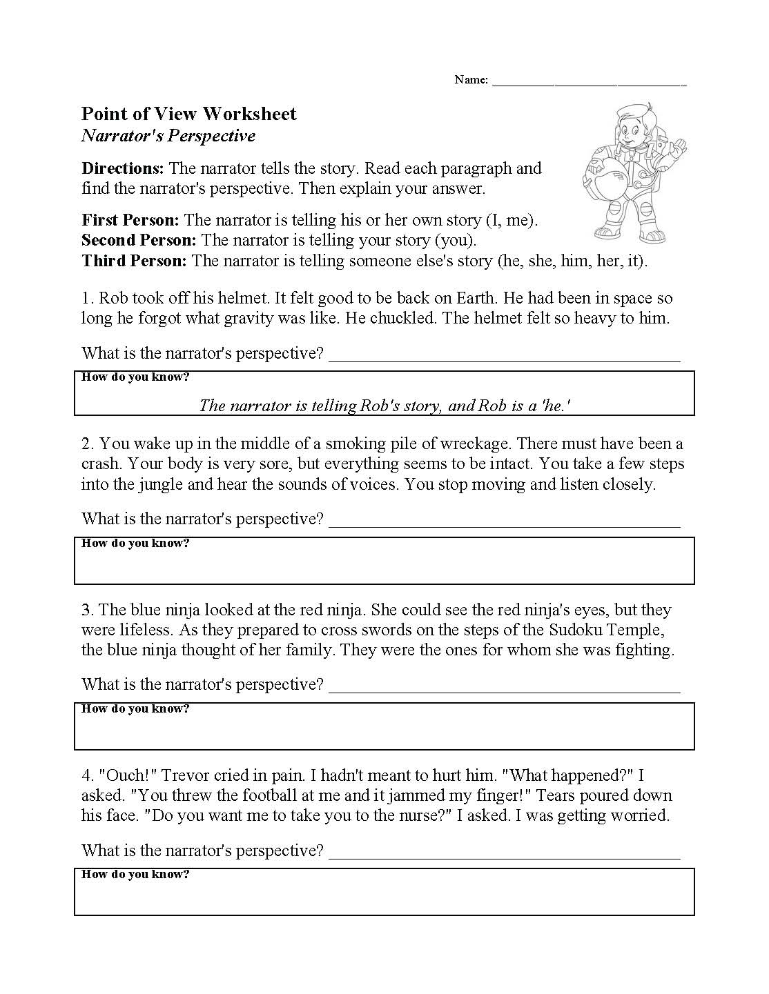 Point Of View Worksheet Elements Of Fiction Activity