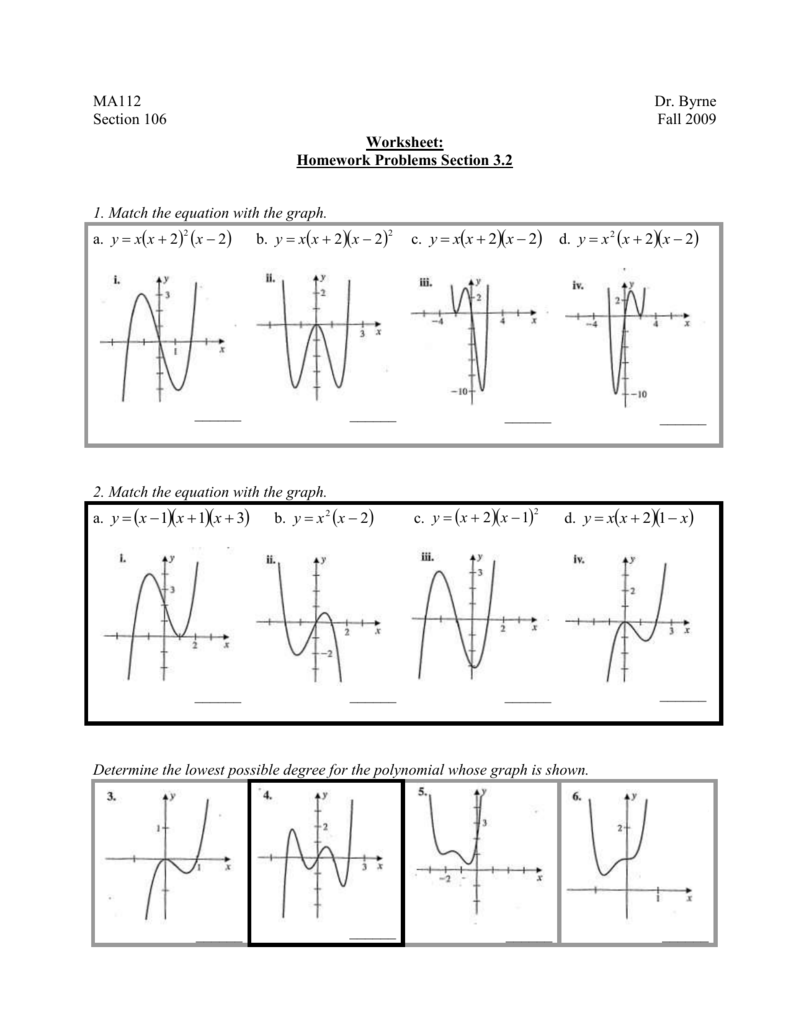 Polynomial Functions Worksheet Graphs Equations