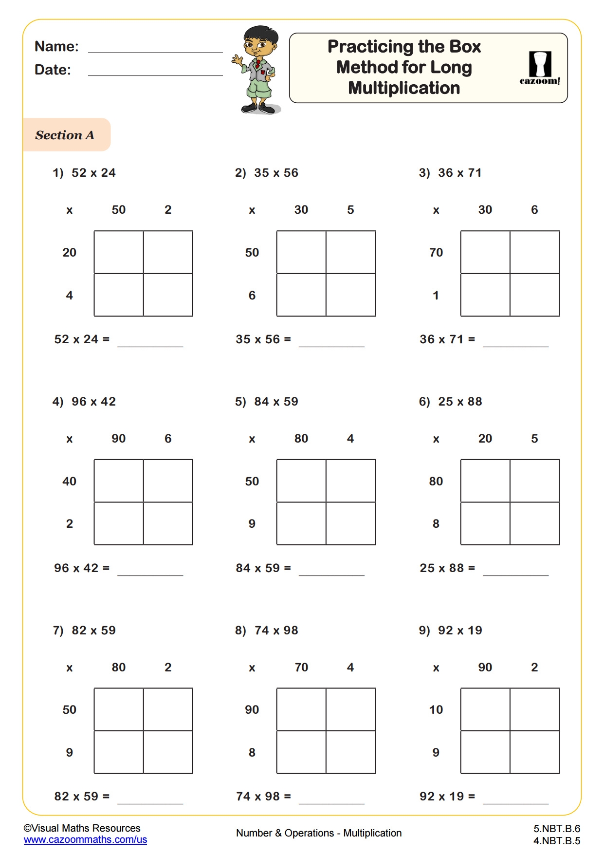 Practicing The Box Method For Long Multiplication Fun And Engaging 5th Grade PDF Worksheets Cazoom Math