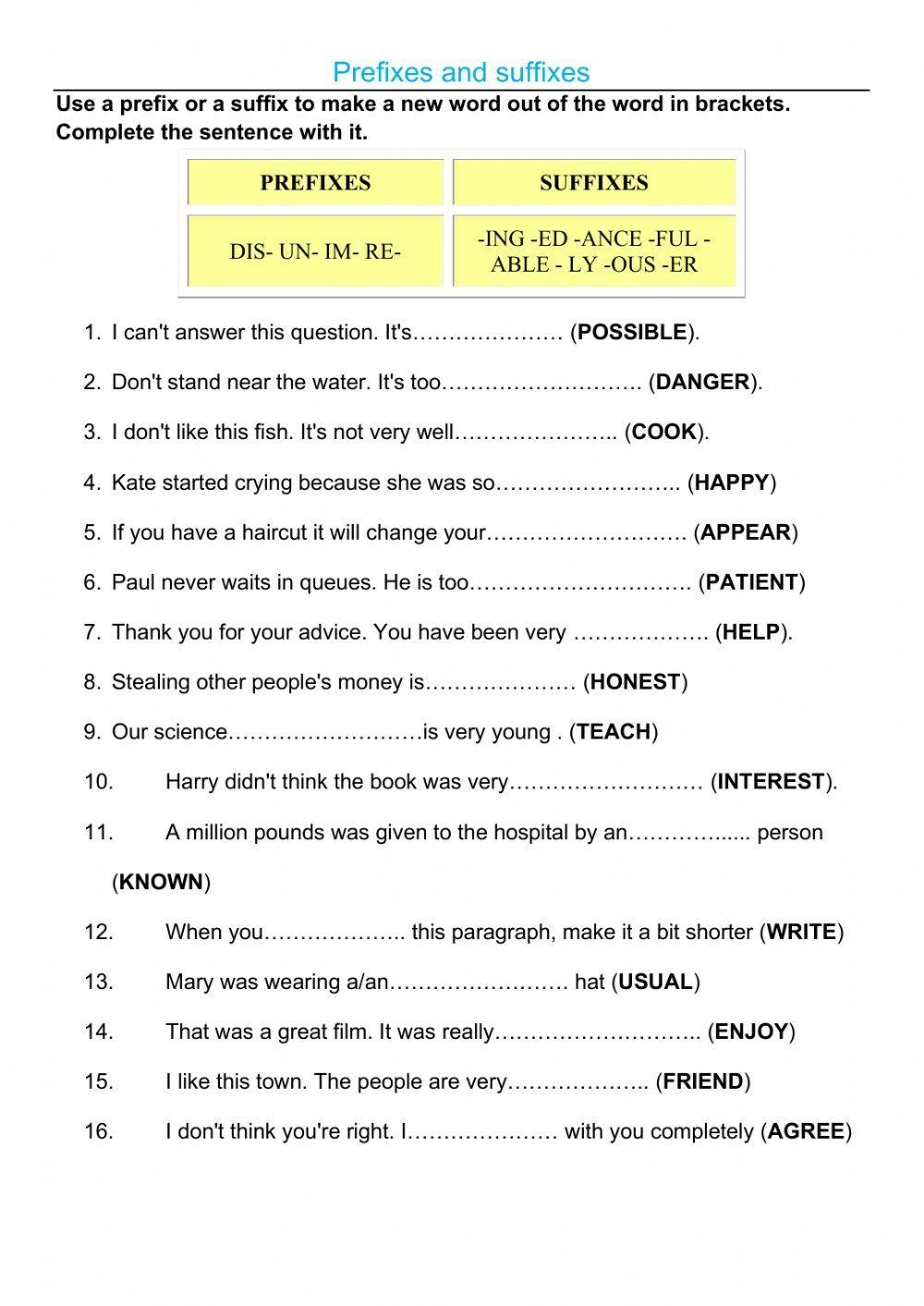 prefixes and suffixes worksheets