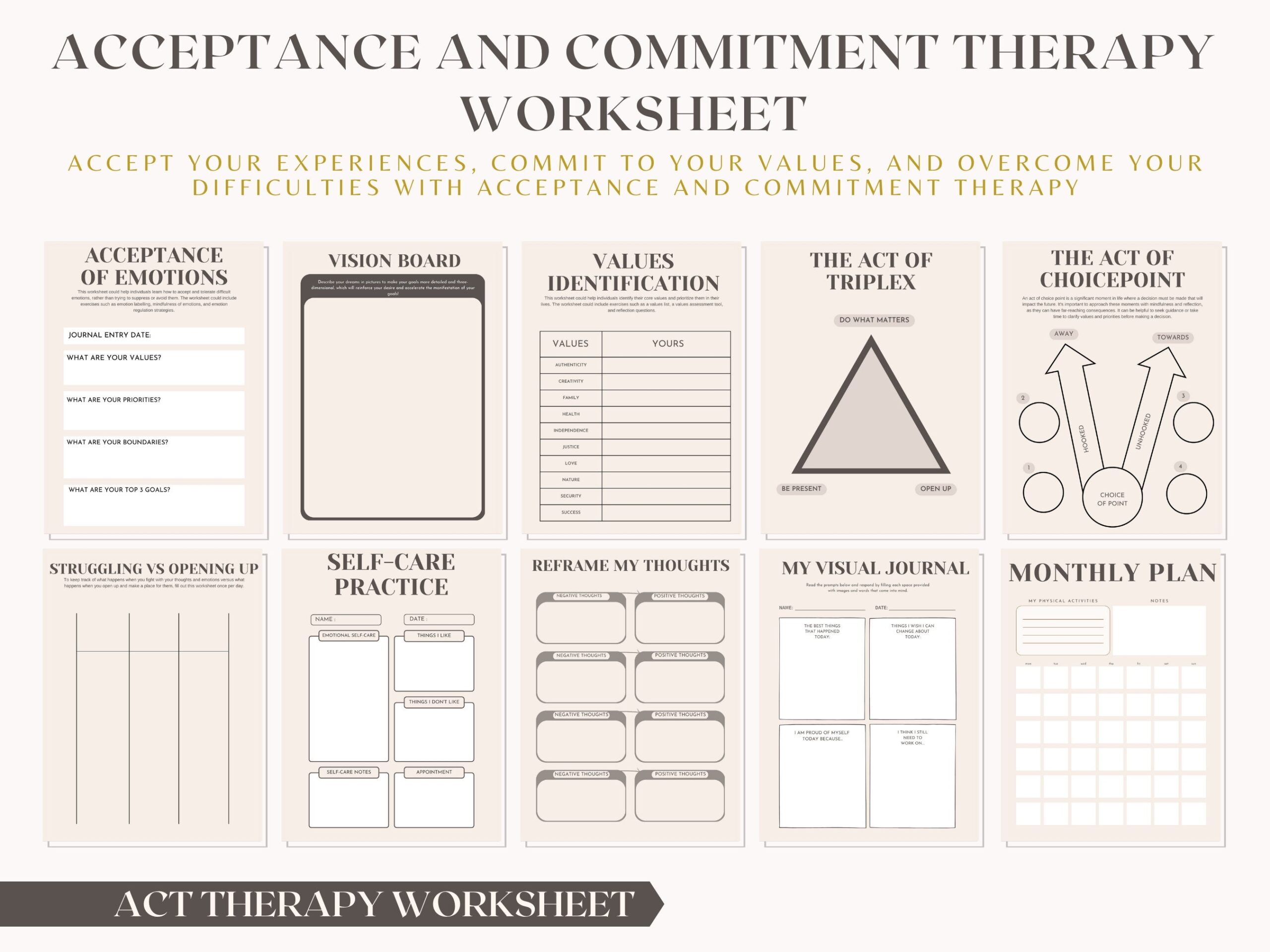 Printable Acceptance Therapy Worksheets Mindfulness DBT And ACT Techniques CBT Values Bullseyes Therapy Mental Health Worksheets Etsy