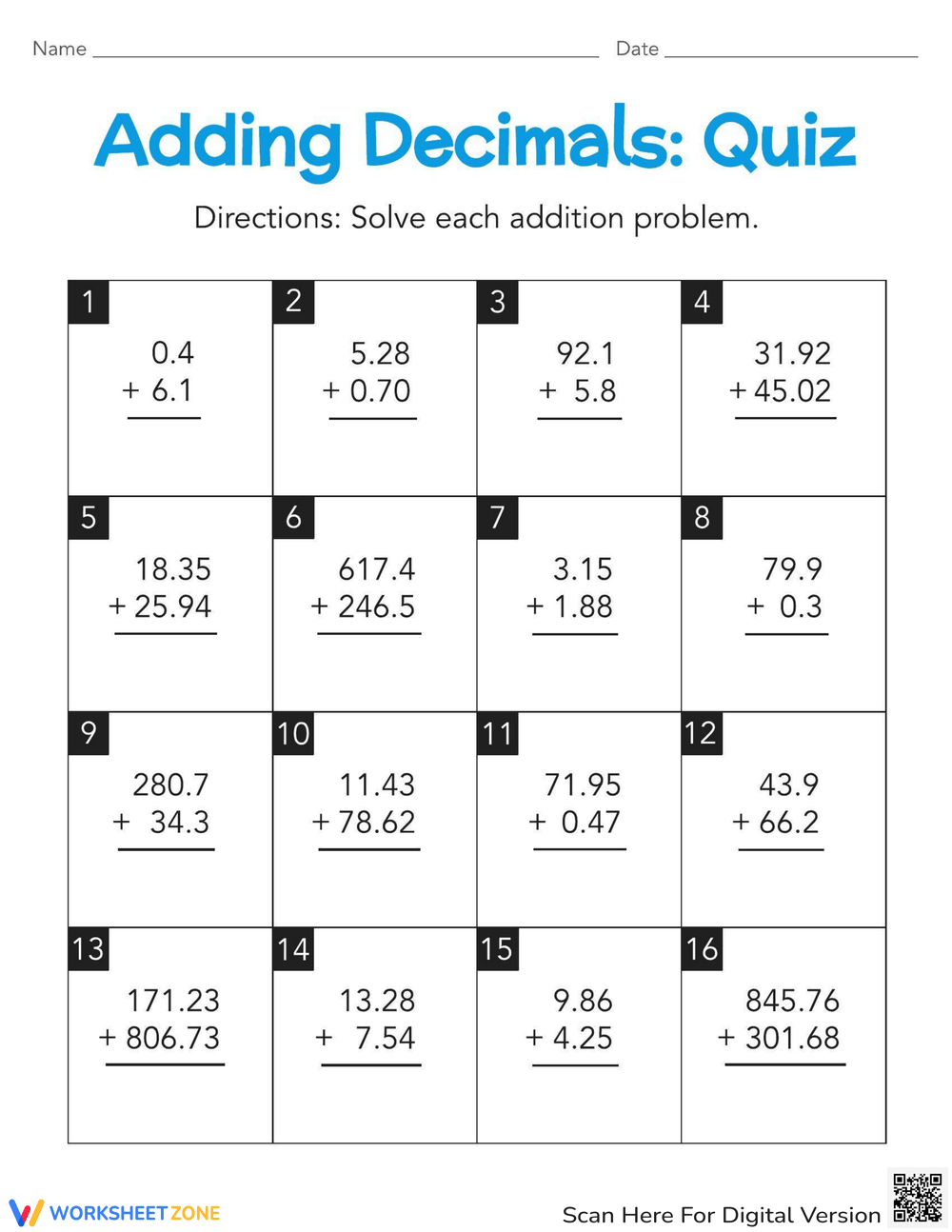 Printable Adding And Subtracting Decimals Worksheets